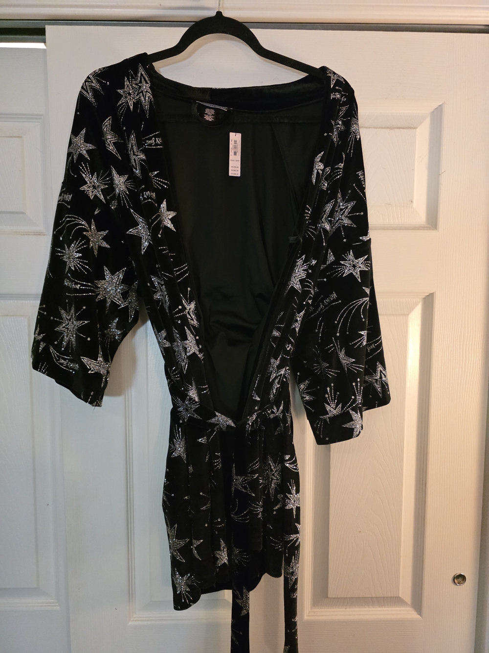 Victoria's Secret Black Velvet Robe with Sparkly Silver Star Embroidery